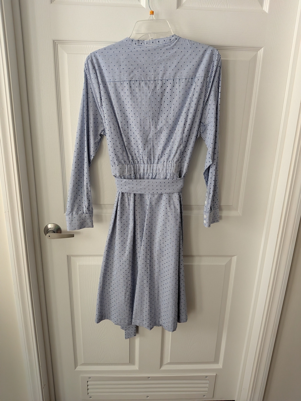 Court & Rowe Dotted Blue Pin Stripe Ruffle-Front Button Dress - Picture 2 of 9